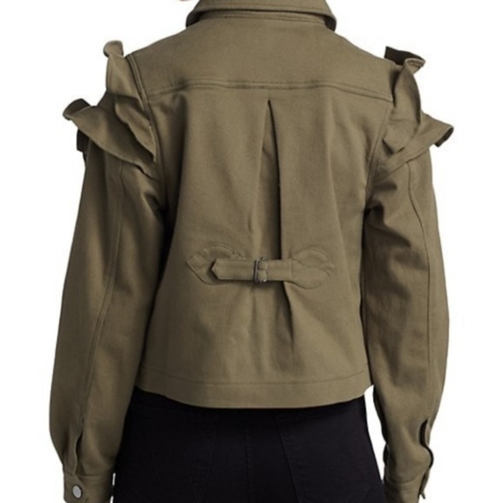 dh New York Ruffle Sleeved Olive Green Cropped Bomber Jacket